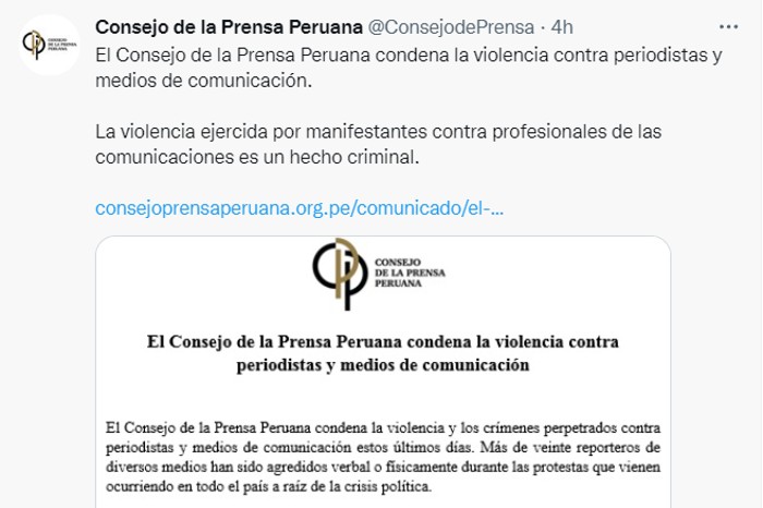 CPP Twitter condena a ataques a medios peruanos