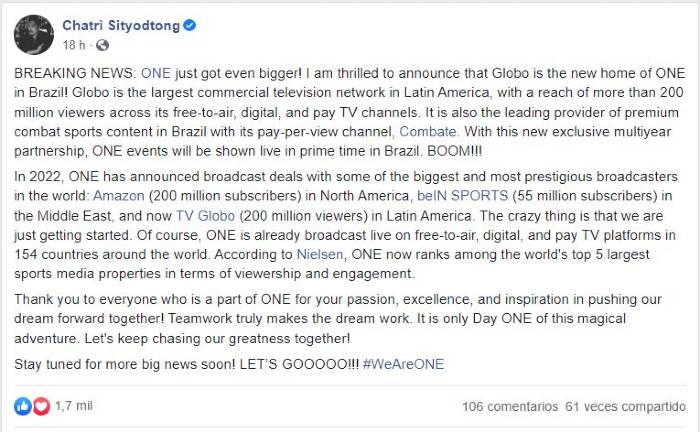 Post en facebook de Chatri Sityodtong